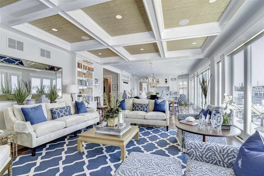 Luxury blue and white themed living room design