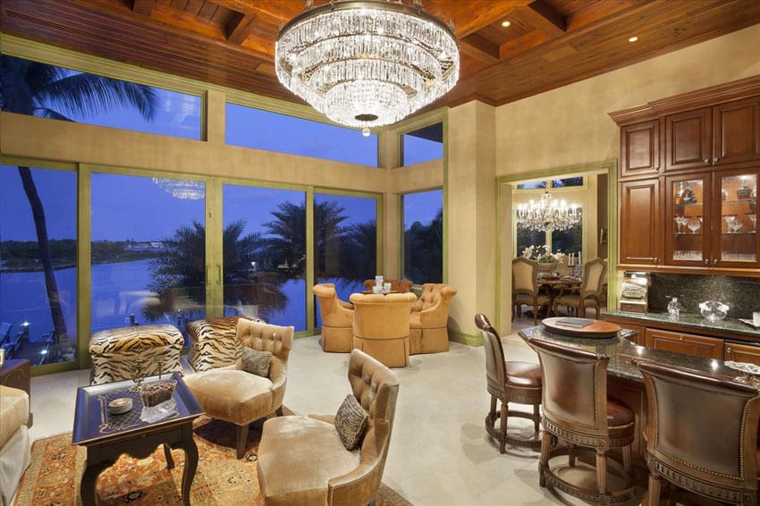 Room with view of canal and large crystal chandelier