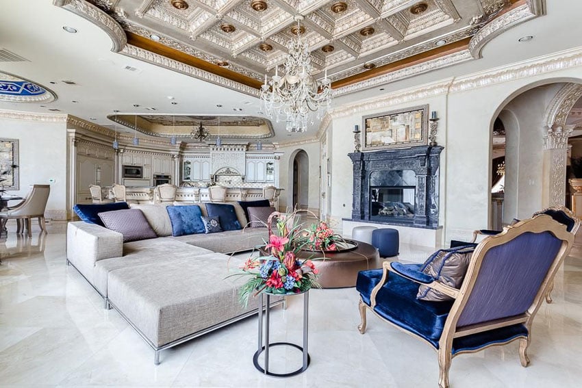 Luxury living room with elegant chandelier and custom box ceiling