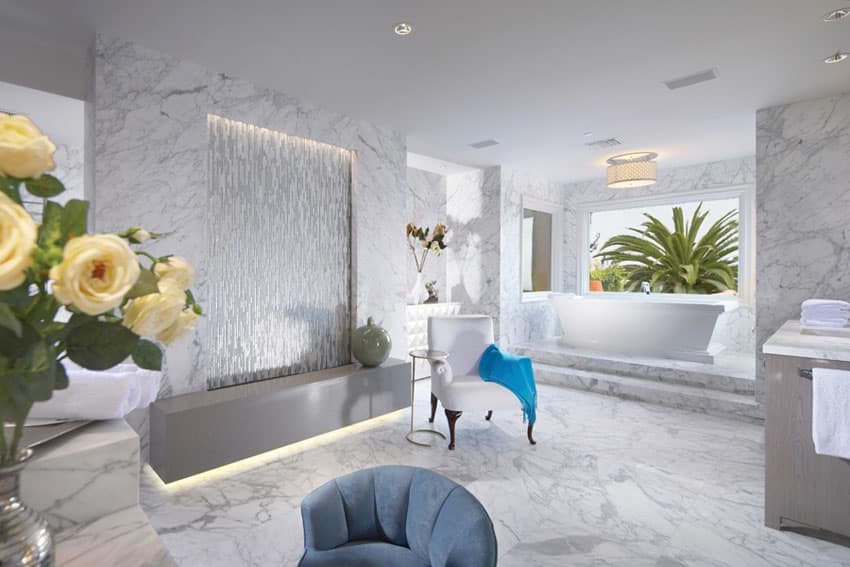 Luxury marble bathroom with freestanding bathtub