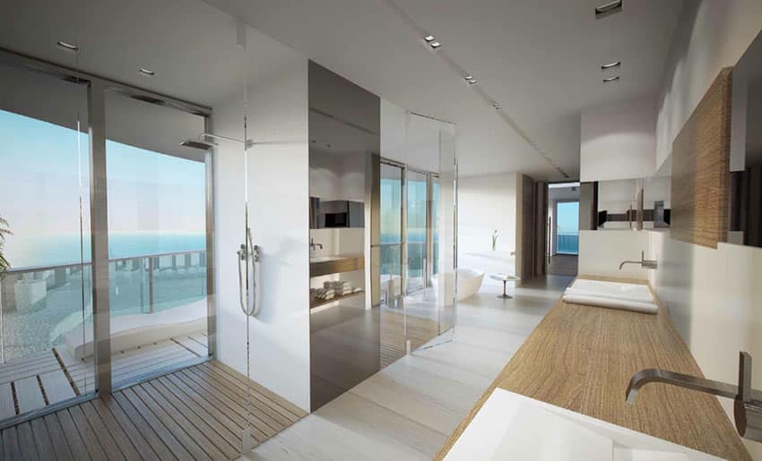 Luxury oceanview shower with floor to ceiling glass window