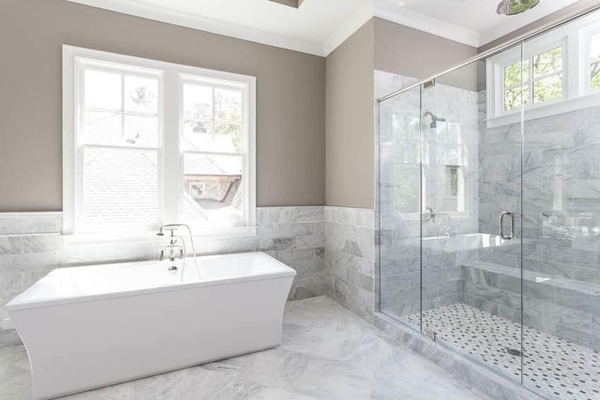 Marble bathroom with acrylic freestanding bathtub