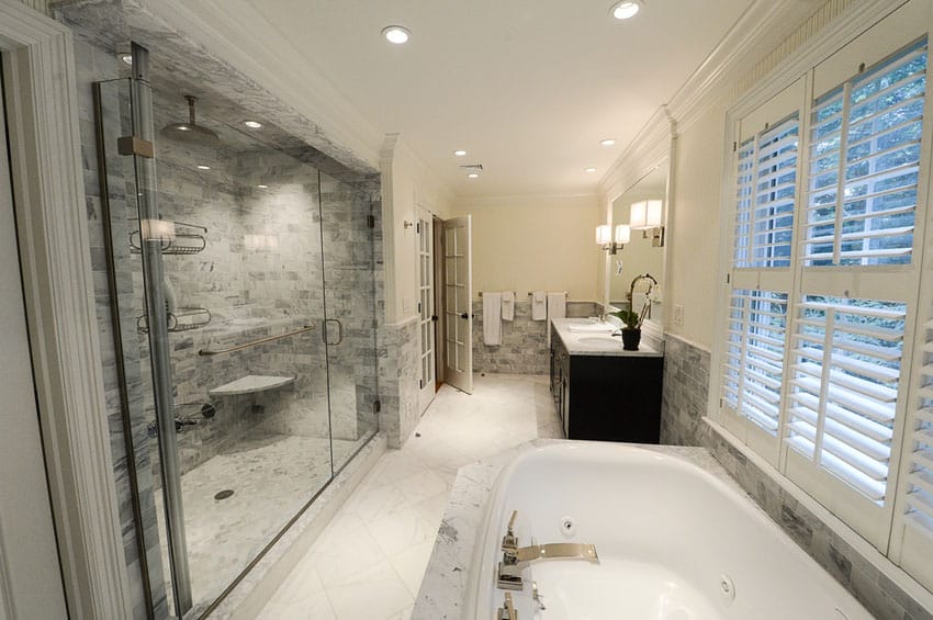 White floors, gray shower backsplash and tiles palced diagonally