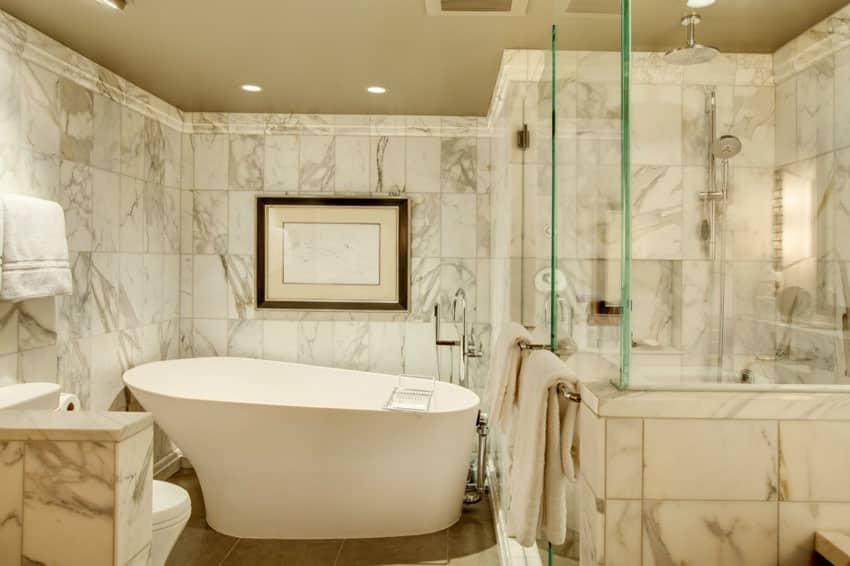 Master bathroom with polished marble shower and soaking bathtub