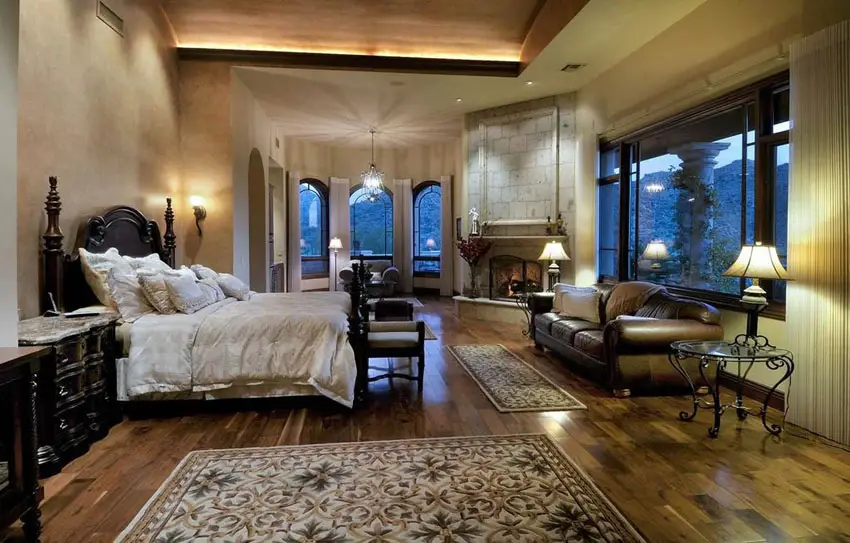 Mediterranean style master bedroom with American walnut wood flooring