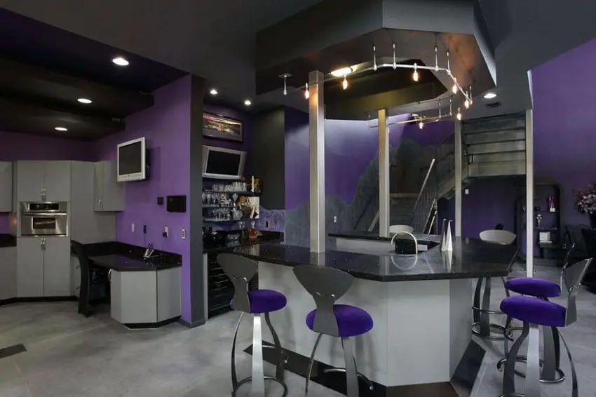 Bar with purple and metallic silver theme accents