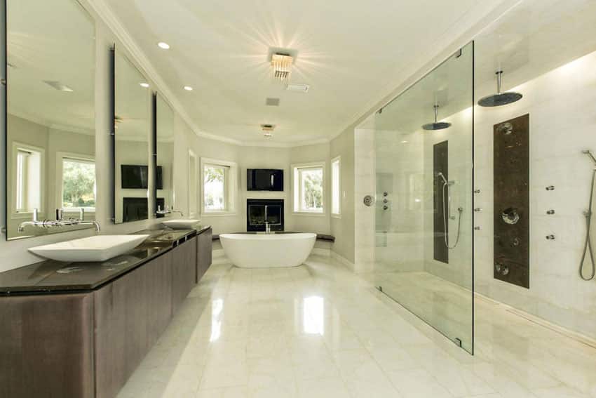 Modern master bathroom with large dual rainfall shower heads