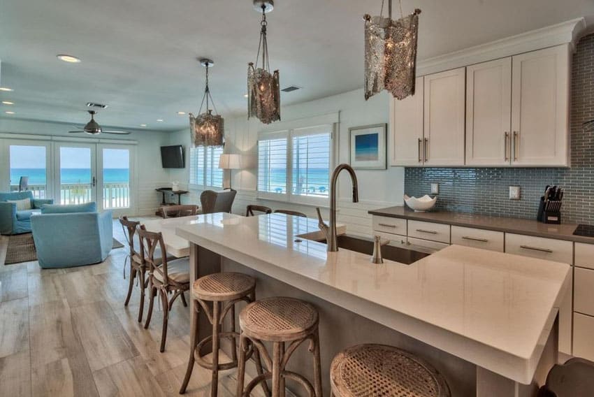 Oceanview luxury kitchen with denali quartz counter and breakfast bar