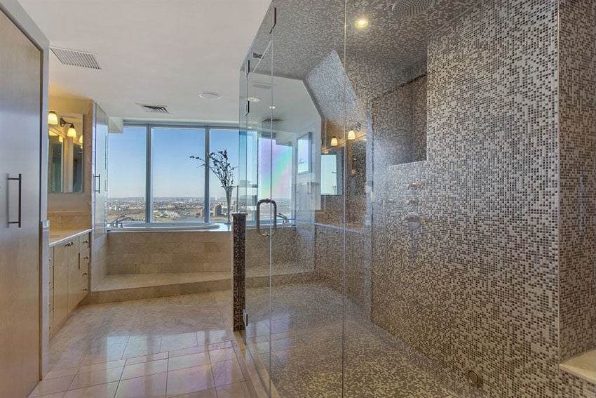 Penthouse shower with ceramic mosaic tile