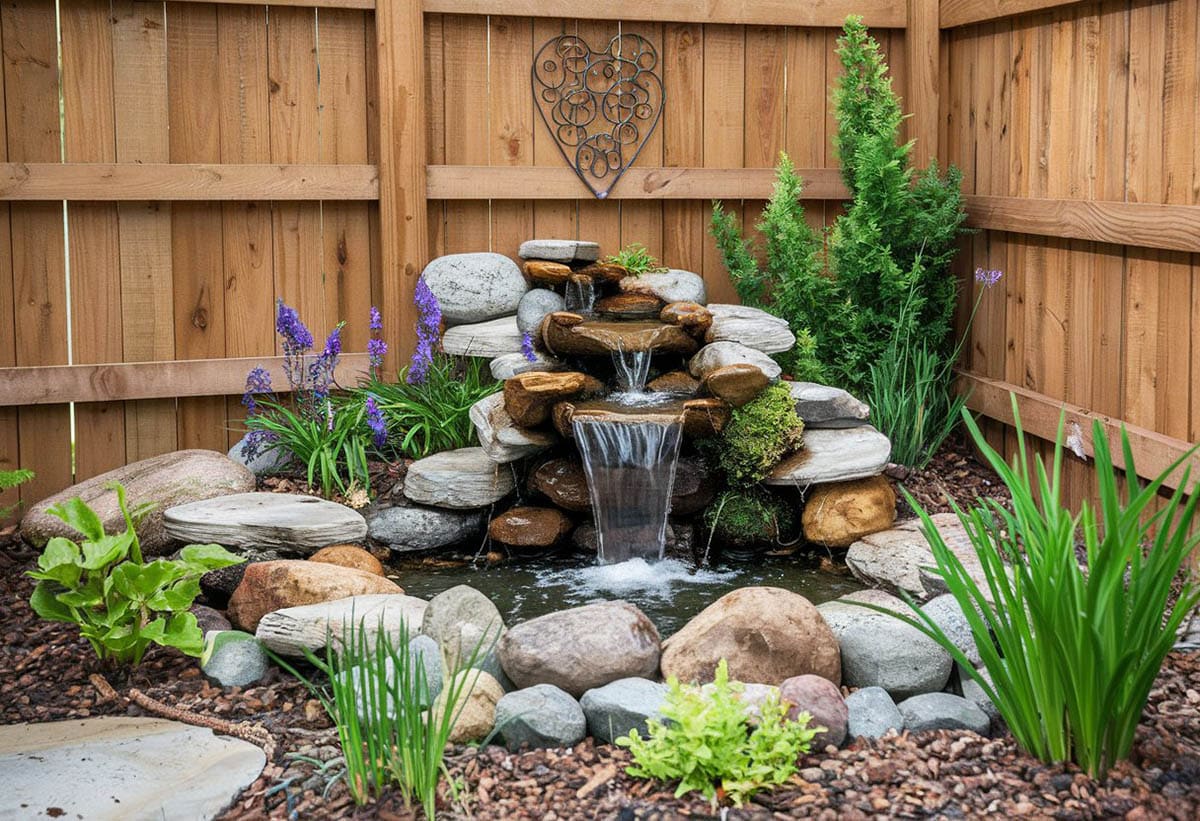 Backyard water feature fountain and cedar fence