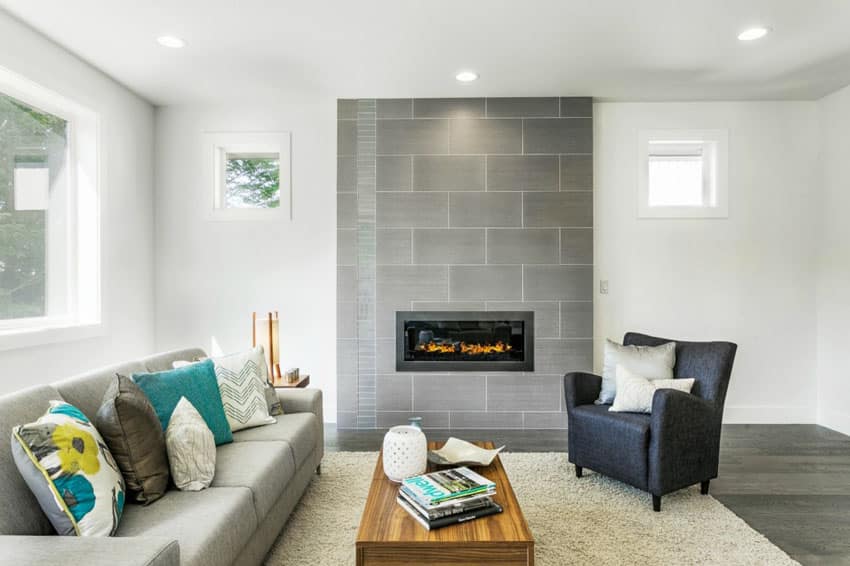 Small contemporary living room with gray tile fireplace and gray couch
