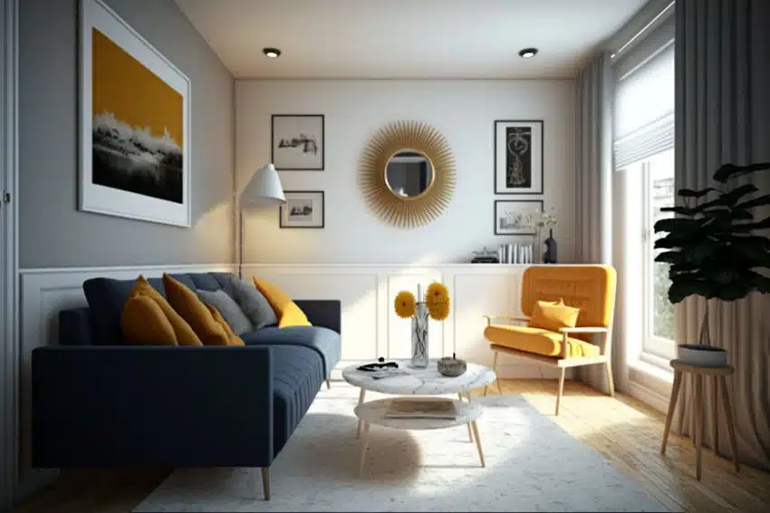 Small living room contemporary design pops of yellow