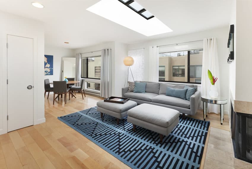 modern room with gray ottoman and sofa, skylight and light wood finished floors