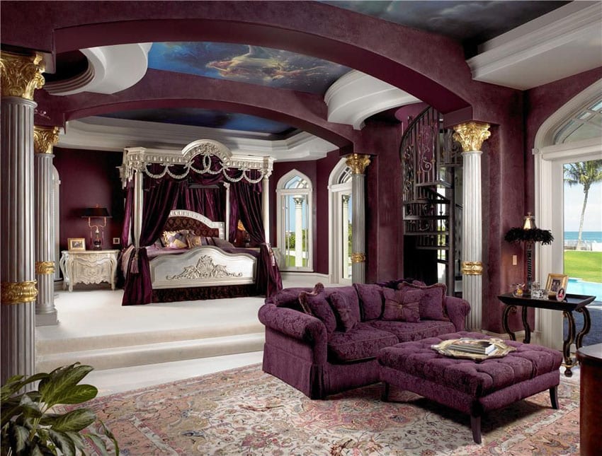 bedroom with purple furniture and decor with pillars and marble floors