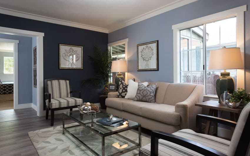 Traditional living room with two different shades of blue color walls
