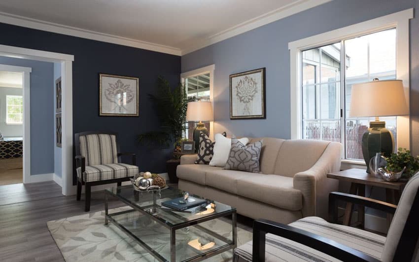 traditional living room with two colorblue walls