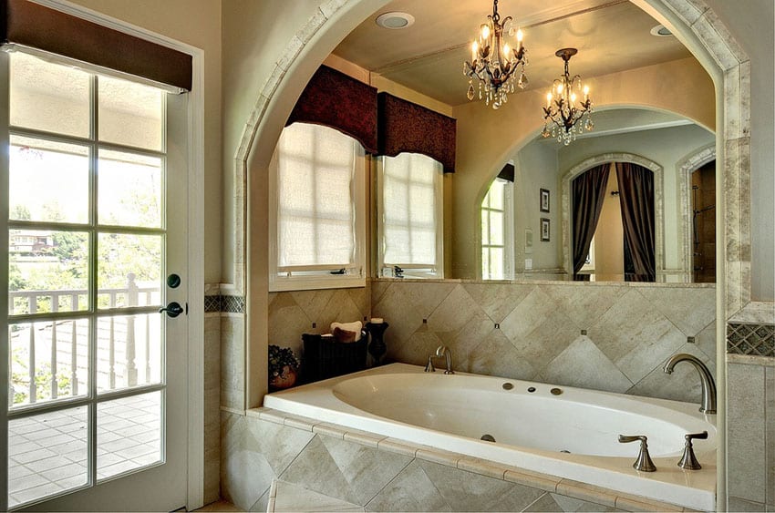 Bathroom with semi-enclosed bathtub, mirror and French door