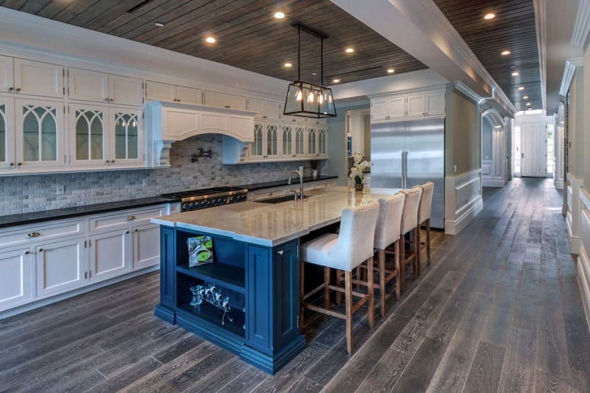 Honey Marble Kitchen Island traditional white cabinet kitchen with dark island and breakfast bar