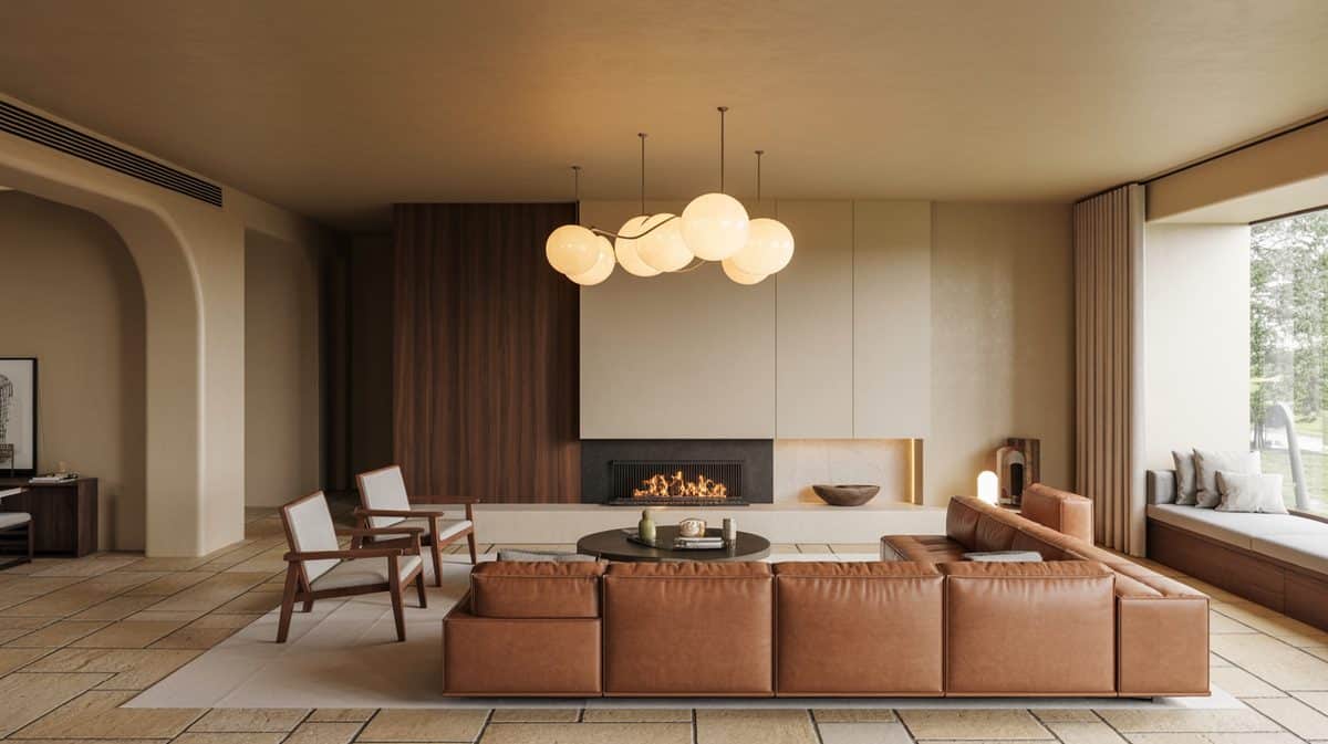 Living room with sandstone floors, globe light fixture and window side daybed