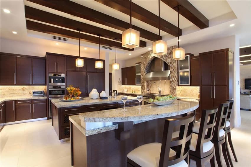 Contemporary kitchen with dark cabinets and light color tile floor