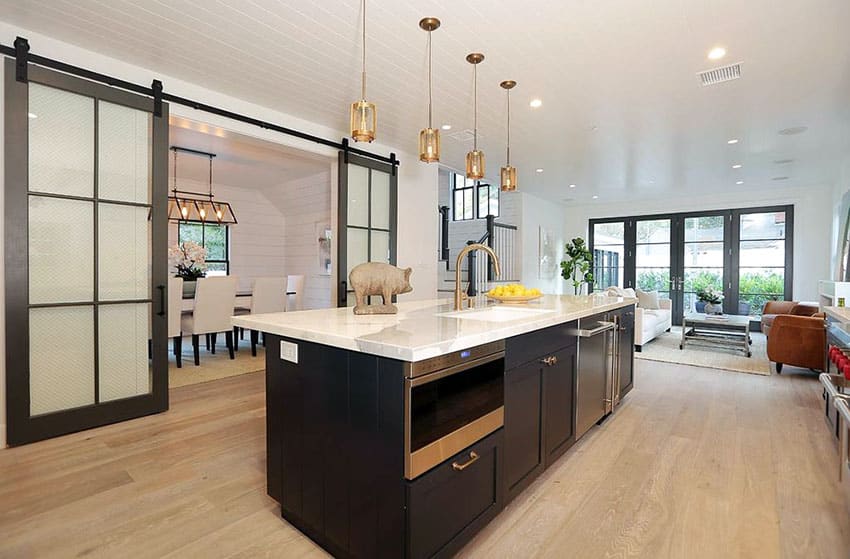 Contemporary kitchen with glass panel sliding barn doors to dining room