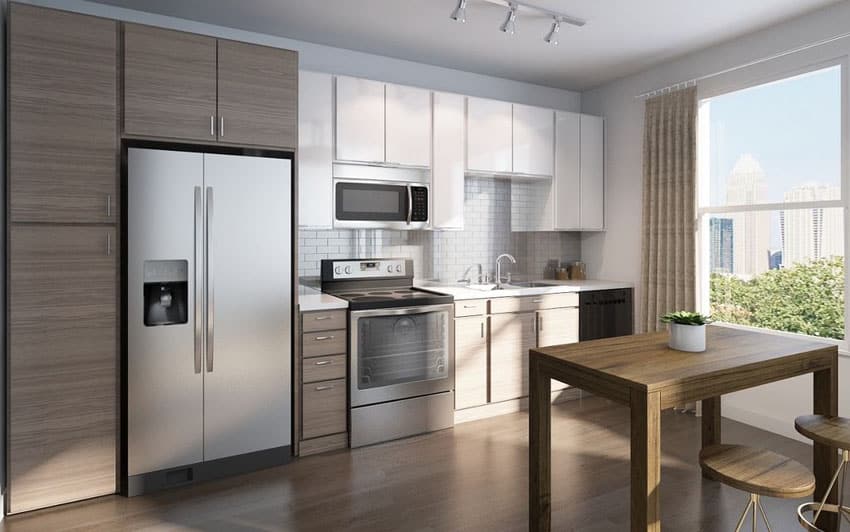 Contemporary kitchen with hickory wood floors, flat panel cabinets and subway tile backsplash