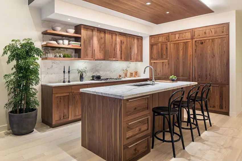 Contemporary kitchen with wood cabinets, open shelving and l shape