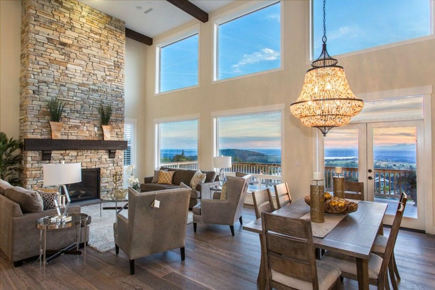 Contemporary living room with amazing views through large windows and open concept design