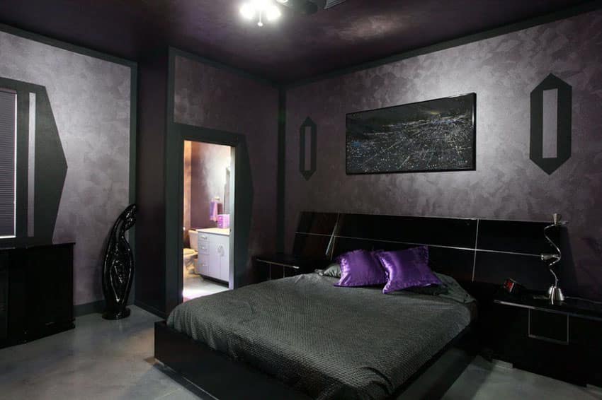 Masculine black master bedroom with black decor