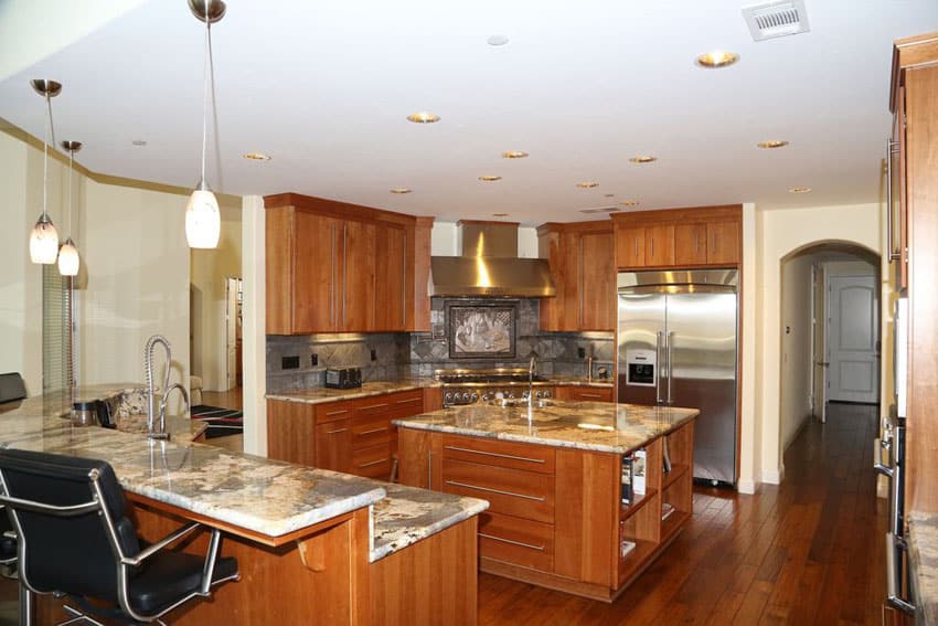 European style kitchen cabinets, two tiered and center islands