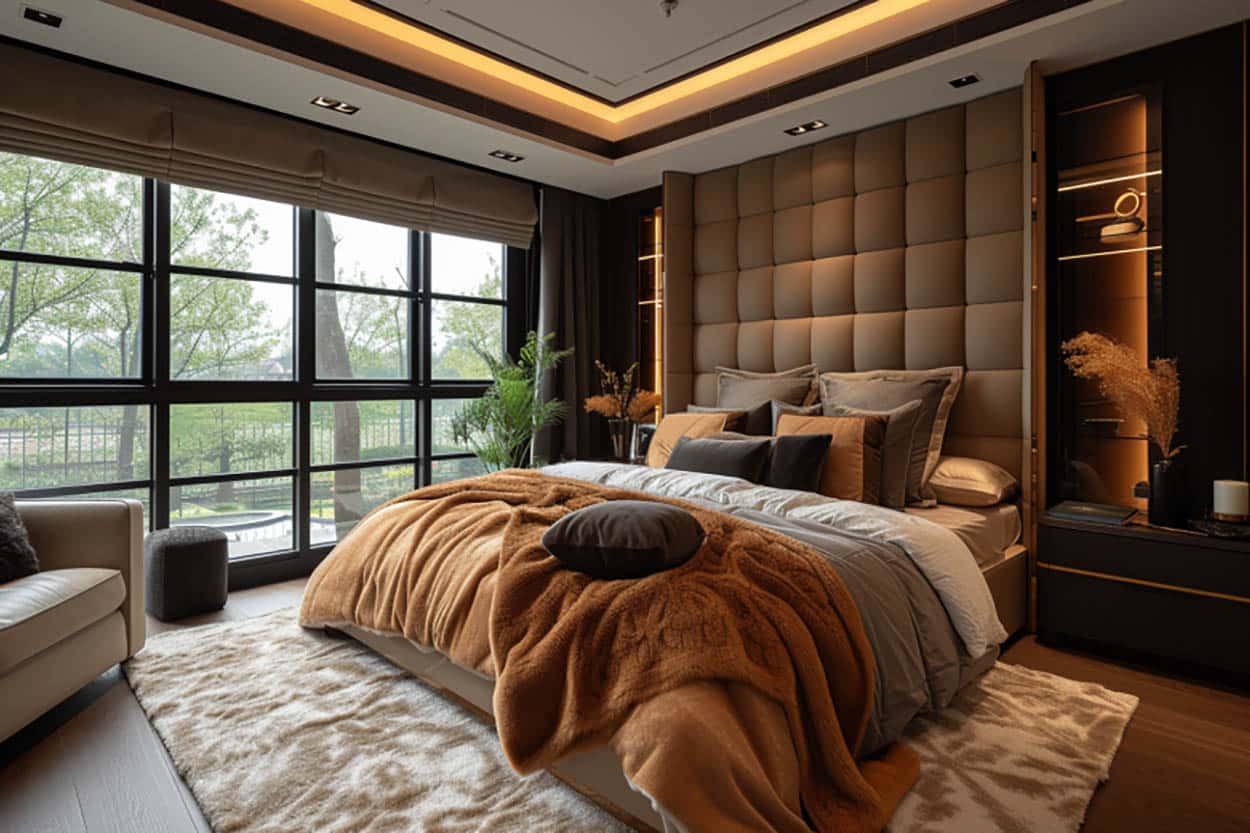 Luxurious bed with full wall headboard