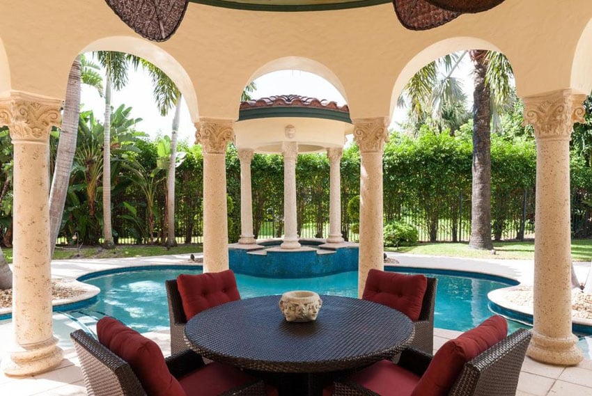 Luxury Mediterranean style swimming pool with sitting area gazebo and spa gazebo
