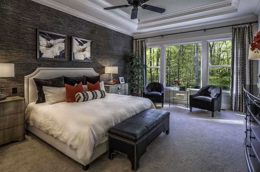 Master bedroom with dark accent wall and tray ceiling