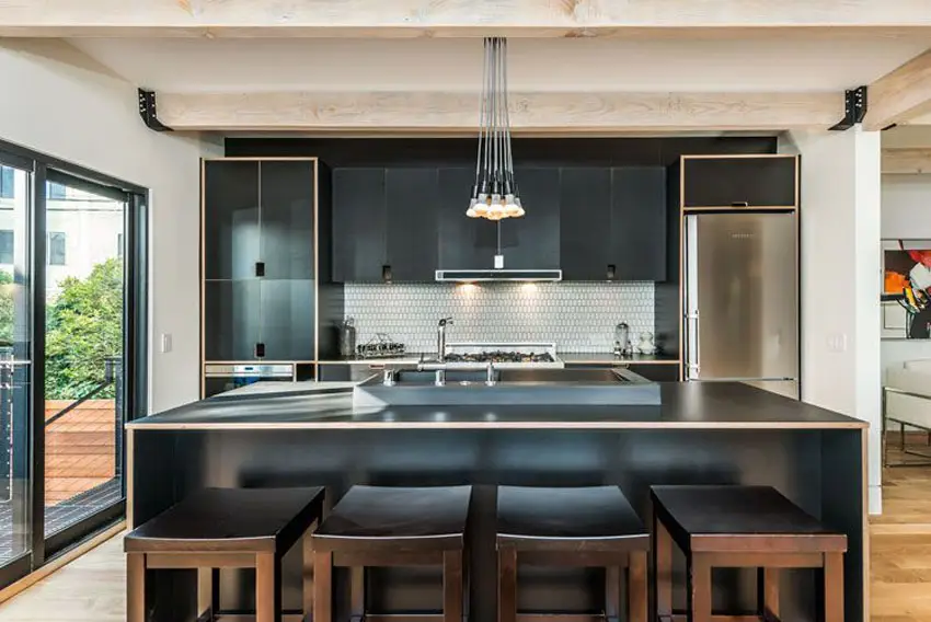 Modern kitchen with satin nickel 7 light chandelier and mazama hardwood flooring