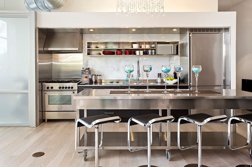 Modern kitchen with stainless steel counter island and backless bar stools