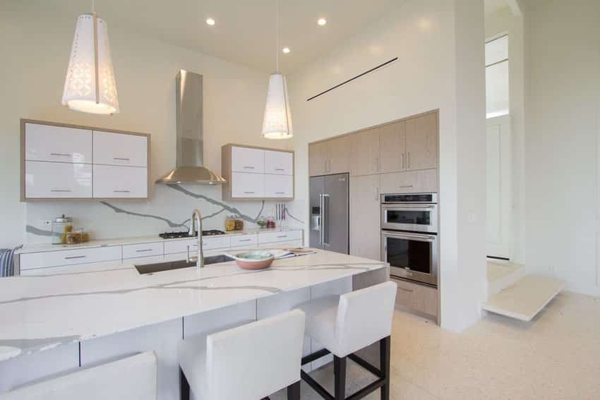Modern kitchen with white lacquer cabinets and cone pendant lights