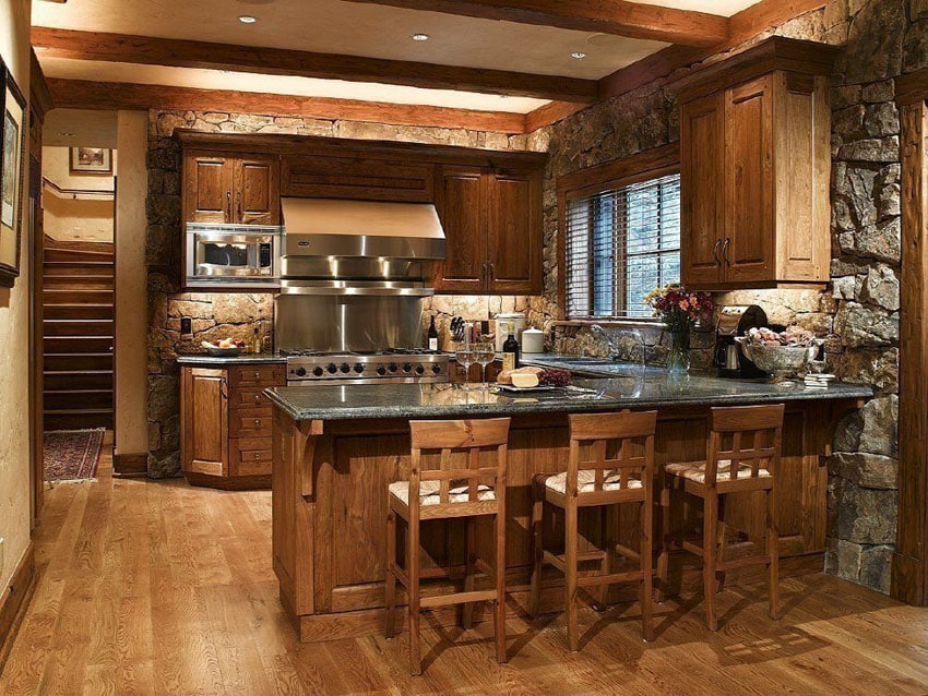 Rustic kitchen with oak flooring and solid wood cabinetry
