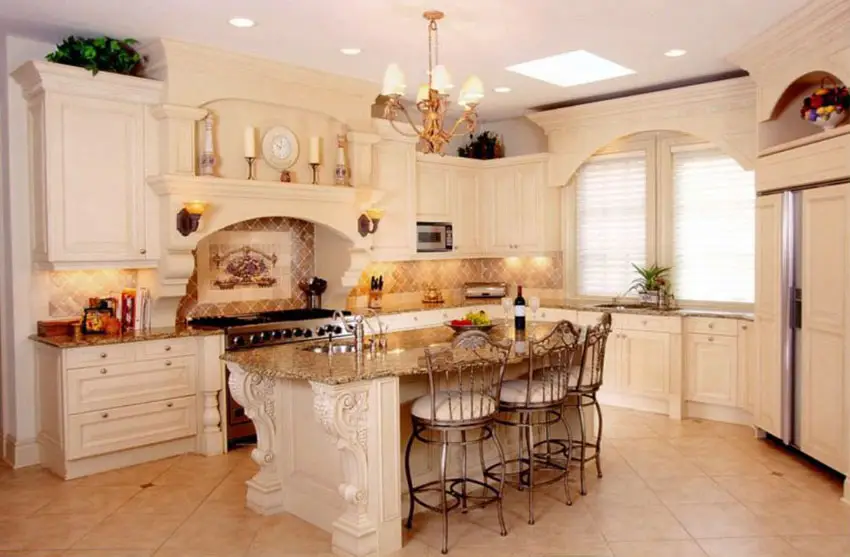 Kitchen with decorative wood island with bronze lampshade and sconces
