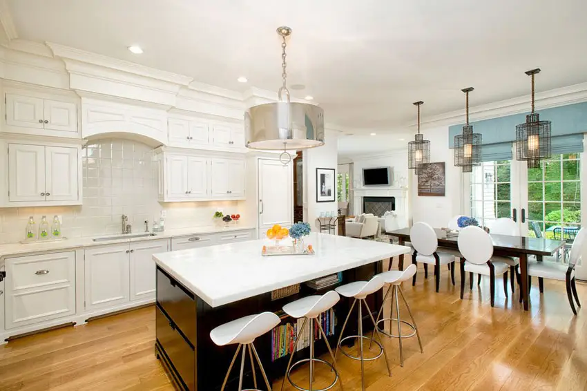 Traditional white cabinet kitchen with white zeus quartz counter large island and french doors