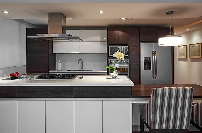 Two tone kitchen with brown laminate and acrylic cabinets and island with cooktop