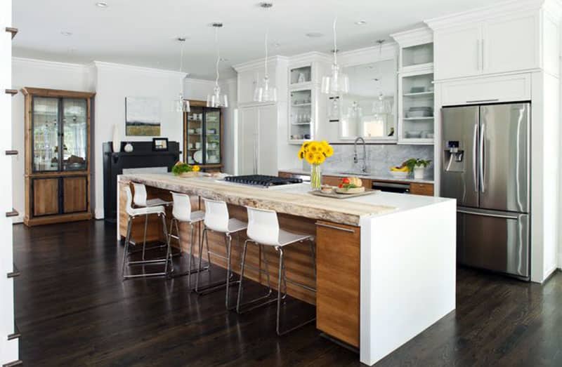 White cabinet contemporary kitchen with large island and stacker bar stool seating