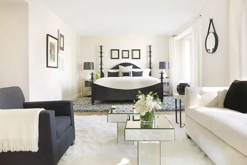 White theme bedroom with black furniture 
