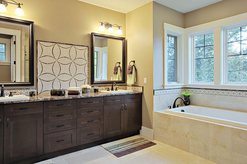 Bathroom with custom wood vanity and dark yellow paint