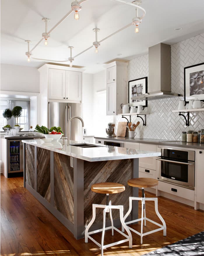 Reclaimed type wood island with bar stools