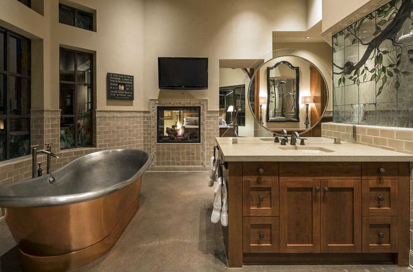 Bathroom with brushed copper and polished nickel bathtub