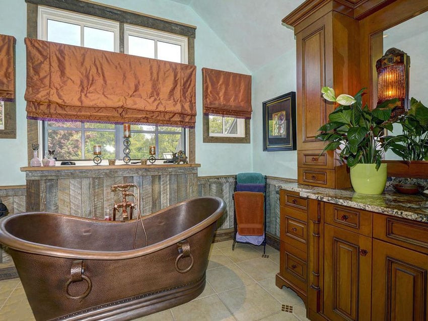 Craftsman style bathroom with custom copper tub