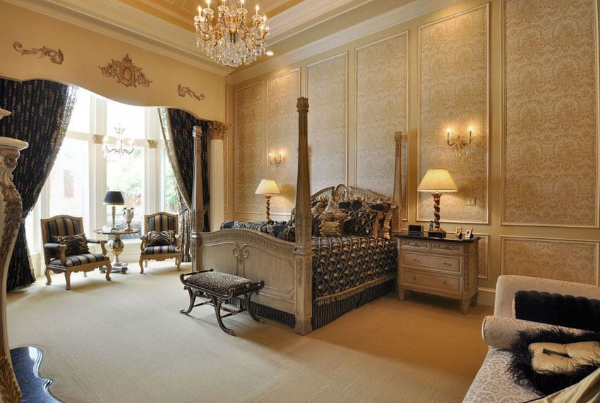 Elegant french provincial bedroom with four poster bed, high ceilings, sitting nook and chandelier