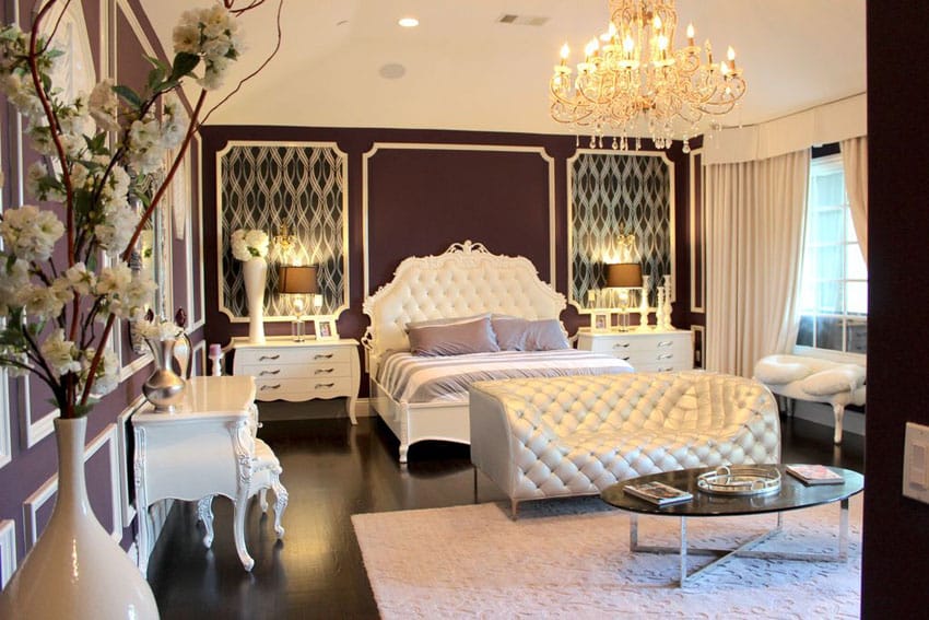French provincial bedroom with white furniture, tufted couch and bed