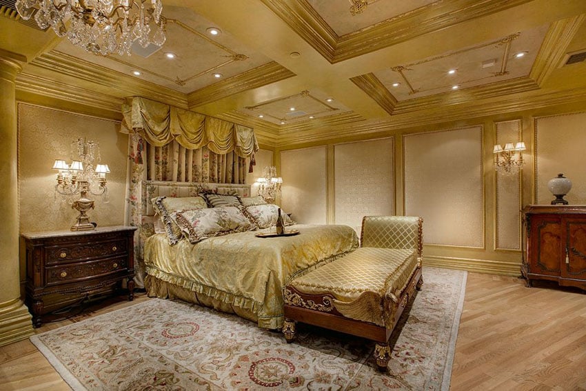 Luxury bedroom with baroque style, light wood floors and box ceiling