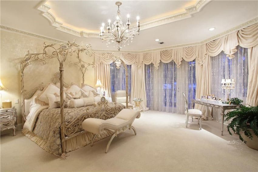 Luxury Parisian style master bedroom with beautiful decor canopy bed and chandelier
